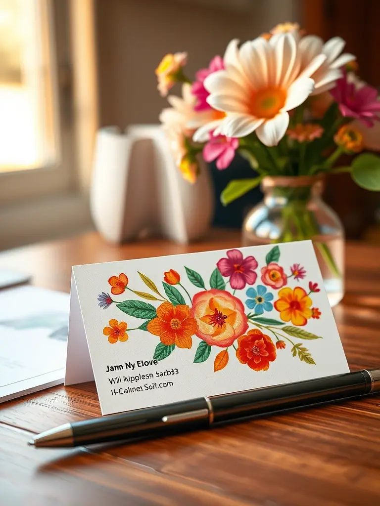 A business card with a vibrant floral design, showcasing colorful flowers and leaves, placed on a wooden desk with a pen and a small vase of flowers.