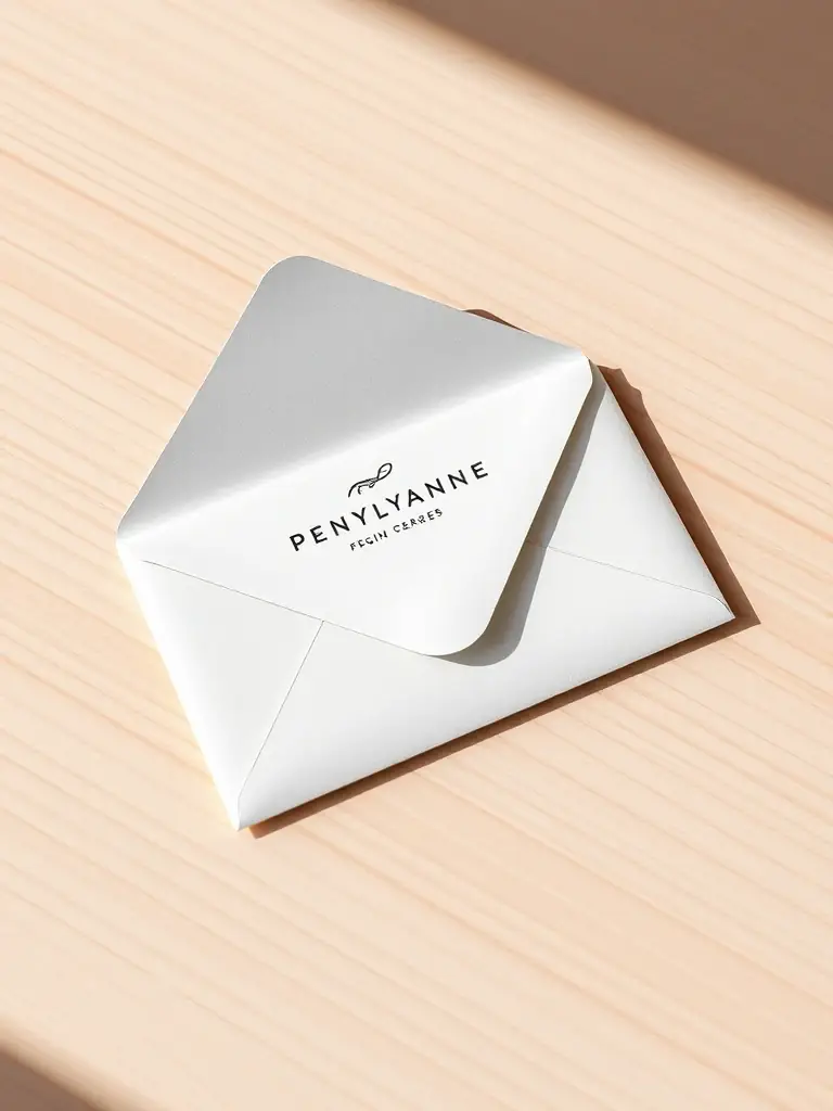 A Penlylayne envelope with a custom-printed design, highlighting the unique personalization options available. The envelope features a company logo and a stylish return address, showcasing the attention to detail in the printing process.