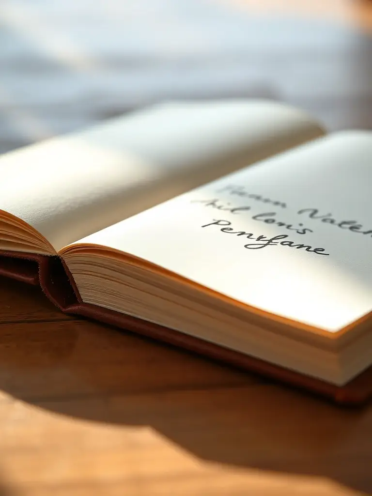 A close-up shot of a Penlylayne notepad featuring thick, high-quality paper with a smooth writing surface, showcasing the premium materials used in its construction. The notepad is open, revealing a handwritten note with elegant cursive writing.