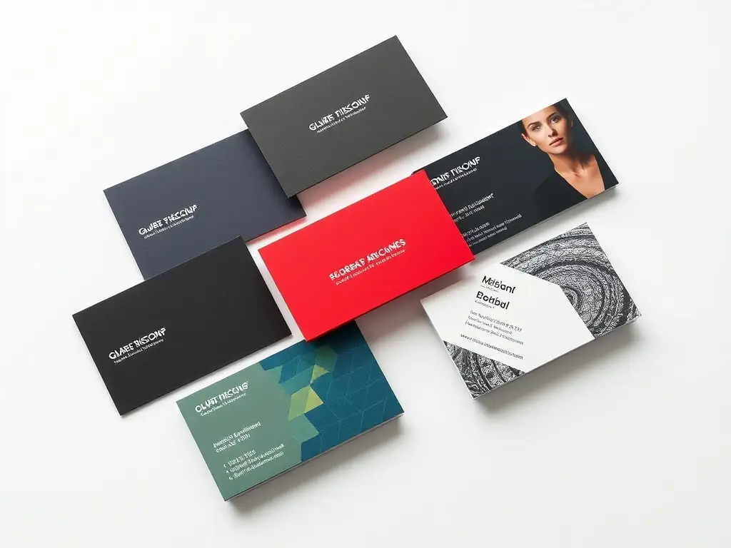 A collection of Penlylayne business cards with various unique finishes, such as gold foil, embossing, and spot UV, displayed on a sleek black surface.