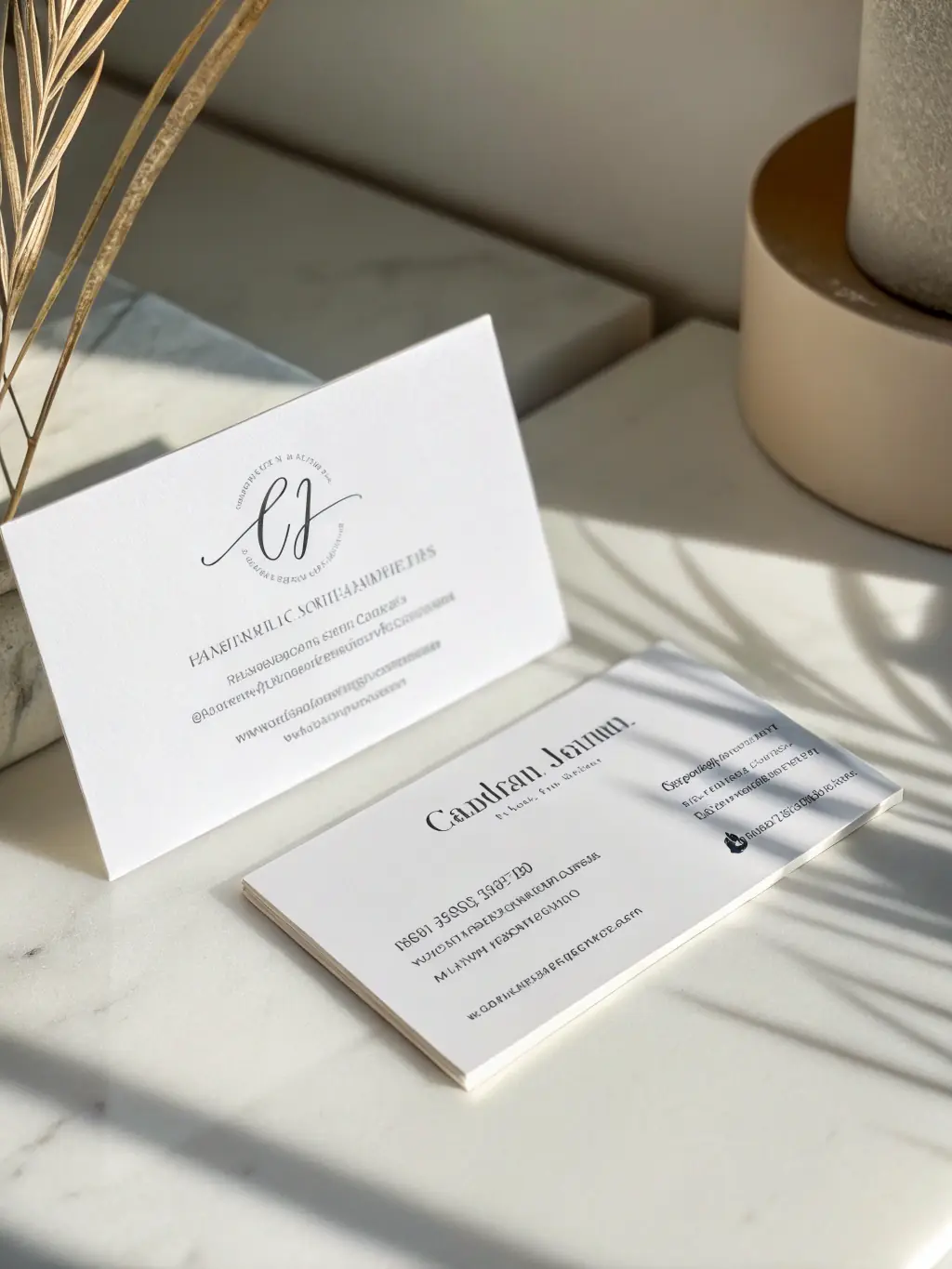 A close-up shot of a business card with a minimalist design, featuring a clean white background and simple black text, placed on a textured gray surface.