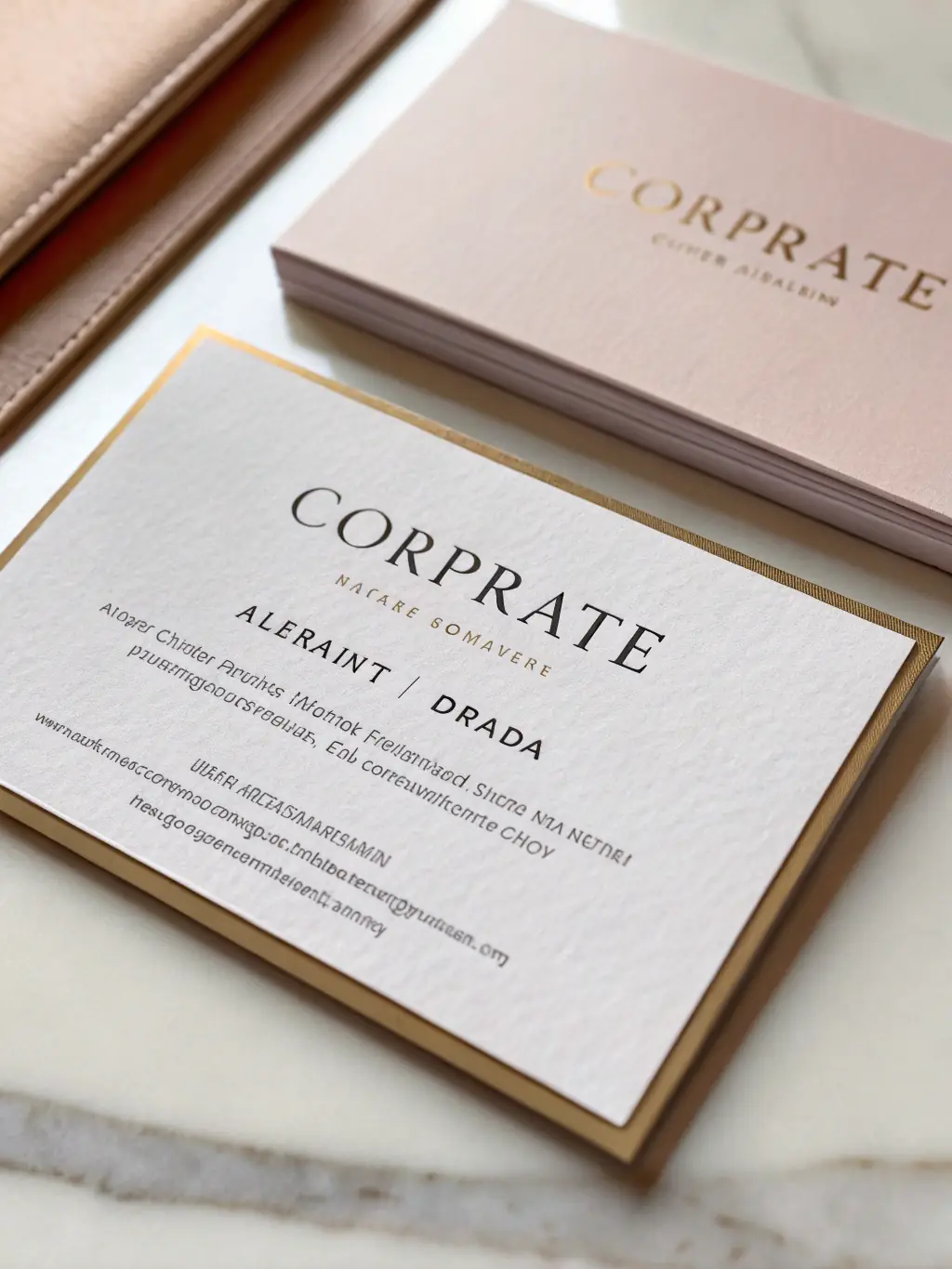 A business card with a corporate blue and silver design, featuring a sleek logo and professional typography, placed on a dark blue background with a silver pen.