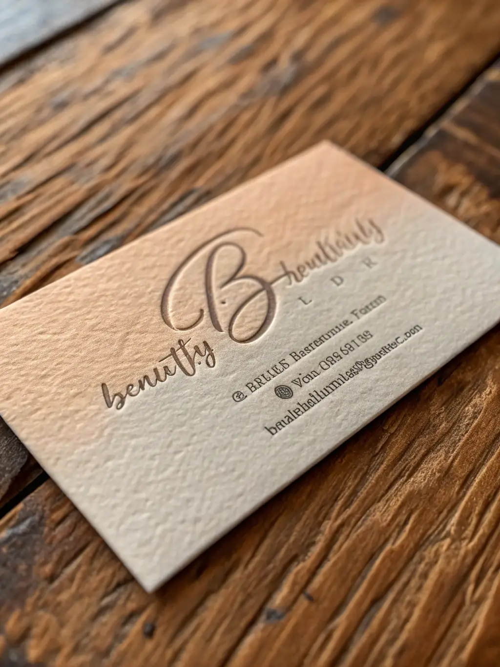 A business card with a vintage letterpress design, showcasing a classic serif font and a textured surface, placed on a rustic wooden table with vintage ink bottles.